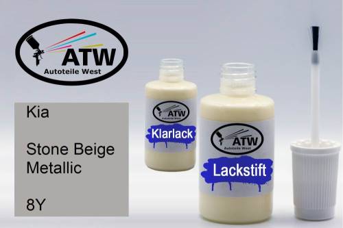 Kia, Stone Beige Metallic, 8Y: 20ml Lackstift + 20ml Klarlack - Set, von ATW Autoteile West.